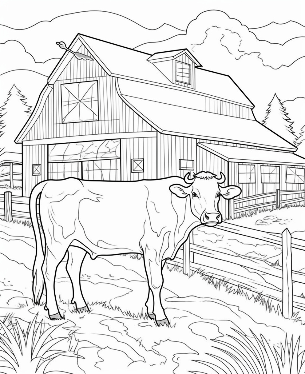 Rustic Farm Scene with Cow and Barn