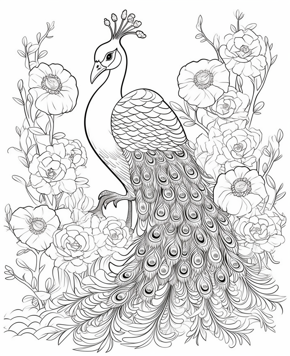 Majestic Peacock Surrounded by Flowers