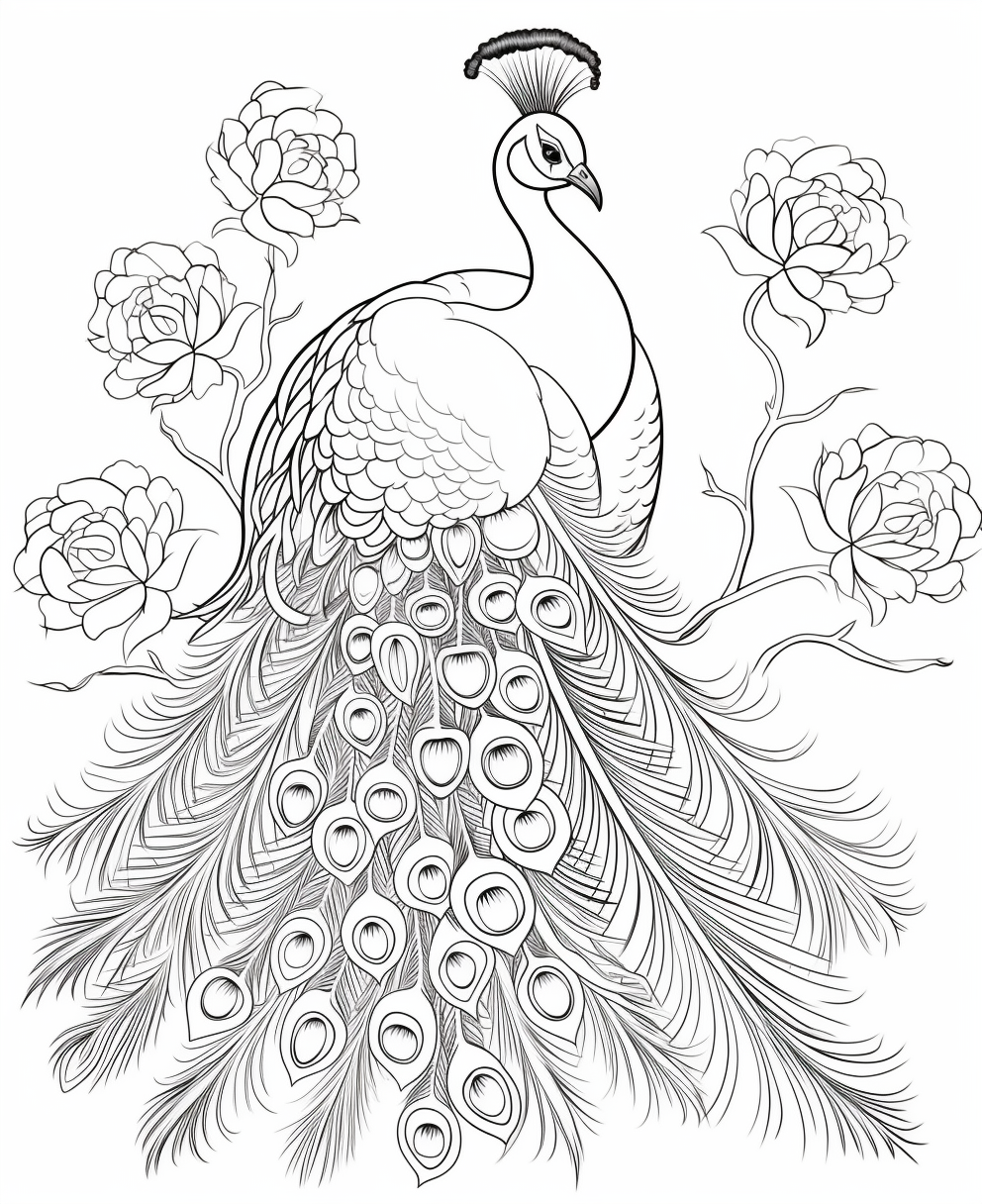 Peacock with Blooming Flowers