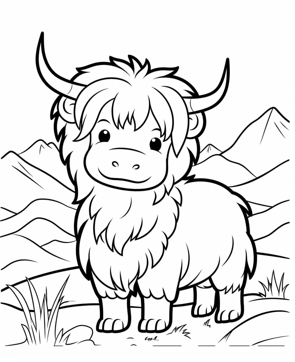 Cartoon Highland Cow in Mountain Scenery